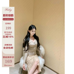 单排扣针织开衫 Hotdog 燕麦色V领上衣女修身 柏林暮色 热狗很辣