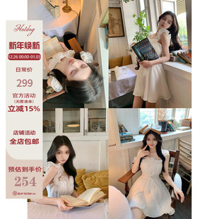 温柔优雅气质高级感花边吊带连衣裙 栀子清茶 Hotdog 热狗很辣