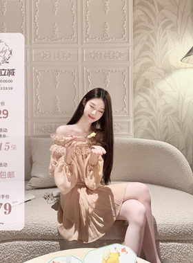 Hotdog 热狗很辣【赫柏月桂】甜美温婉气质花边一字肩长袖连衣裙