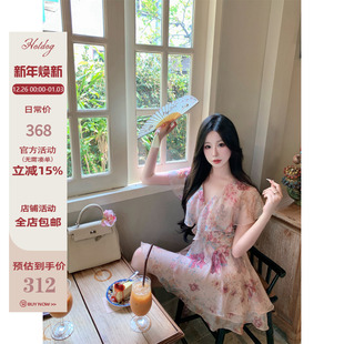 绑带碎花连衣裙子女 月下牡丹浮云生 Hotdog 热狗很辣