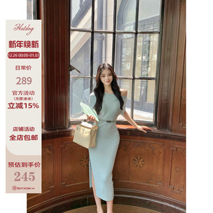 优雅气质斜肩开叉连衣裙 送腰带 腰带 薄荷香颂 Hotdog热狗很辣