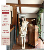 热狗很辣 韩女比例绒绒 加厚蒲绒 Hotdog 杏色蒲绒白色牛仔裤 女