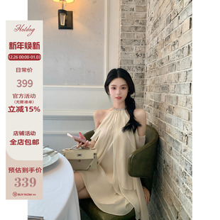 荷叶袖 鸢尾夜色 削肩连衣裙温柔高级甜美气质 热狗很辣 Hotdog