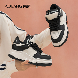 奥康女鞋秋季新款黑白熊猫板鞋厚底休闲百搭运动鞋面包鞋