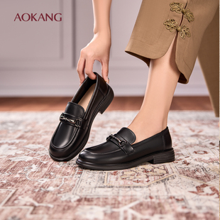 平底乐福鞋 2025秋季 女款 黑色英伦风小皮鞋 奥康 粗跟百搭单鞋 女鞋