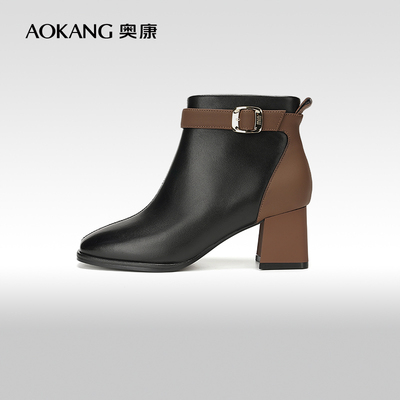 奥康时装靴短靴粗跟门店女鞋