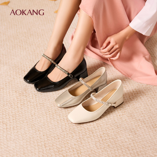 奥康 女鞋2025秋季新款中高跟玛丽珍法式绝美配裙子粗跟浅口单鞋