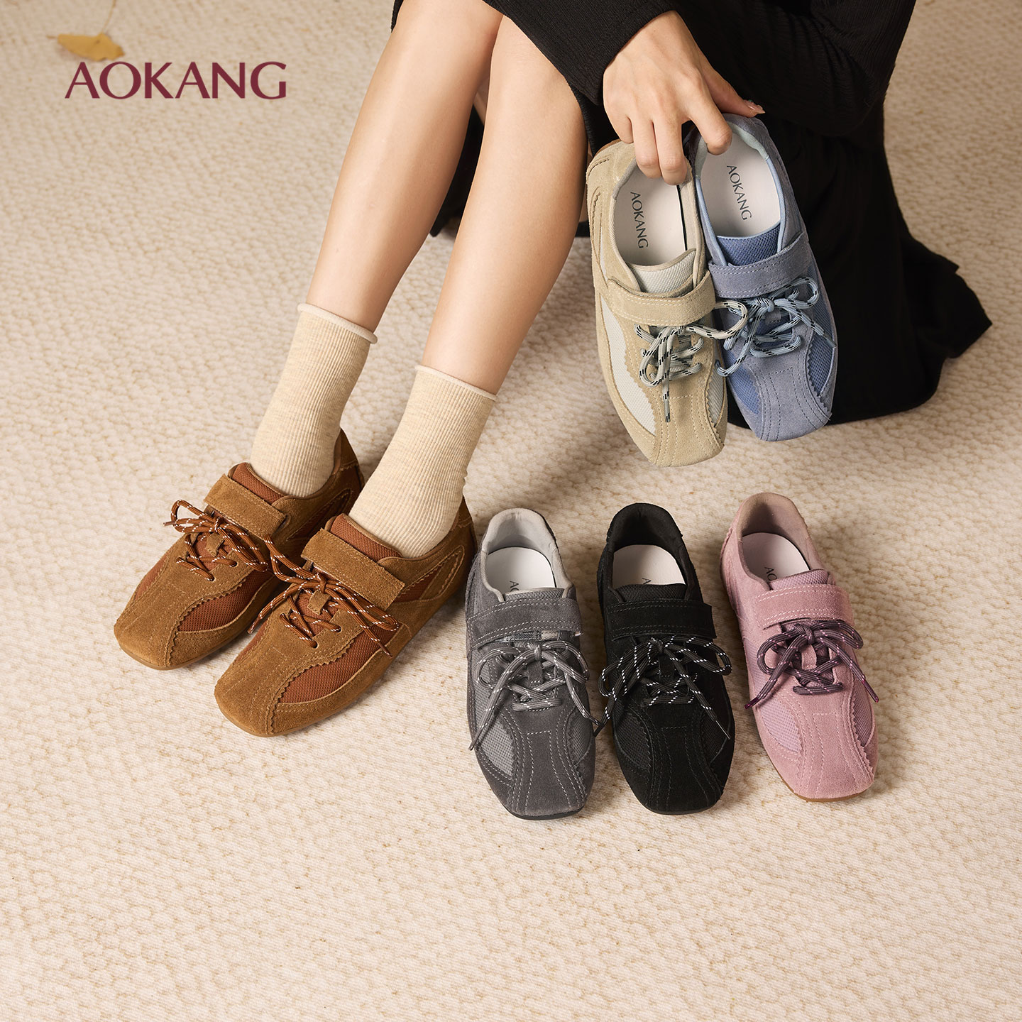 奥康 女鞋2025秋季新款休闲舒适芭蕾德训鞋女复古板鞋百搭赛车鞋