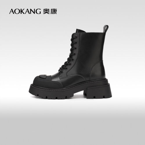 奥康时尚拼色小个子增高马丁靴