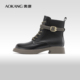 新款 奥康女鞋 冬季 休闲百搭方跟通勤侧拉链中筒加绒马丁靴