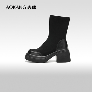 奥康女鞋 冬季新款粗跟弹力靴美拉德短靴瘦瘦靴时尚百搭时装短靴M