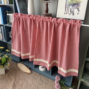 美式 复古窗帘半截遮挡橱柜帘宿舍遮挡帘咖啡苏格兰红白色格子短帘