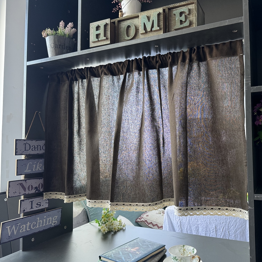 素色纯色厨房半帘橱柜门帘小窗帘咖啡色棉麻复古卫生间简约窗帘