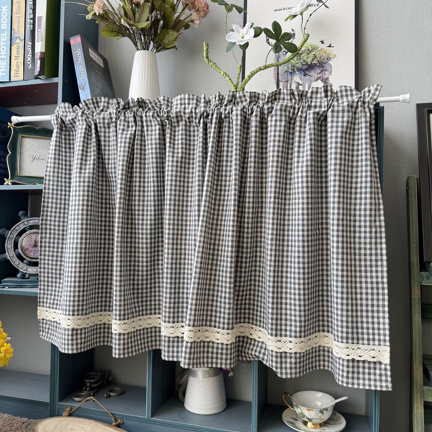 黑白灰色窗帘半截遮挡橱柜帘宿舍遮挡帘咖啡苏格兰小格子短帘门帘