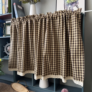 简约格子棉麻短帘日式 复古窗帘半截遮挡橱柜帘遮挡帘卫生间小窗帘