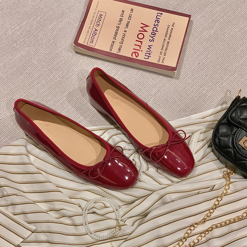 BOW BALLET SHOES LEATHER PATENT LEATHER SOFT SOLE LACE ADJUSTABLE FRENCH SMALL SQUARE ROUND TOE PURE HANDMADE SINGLE SHOE WOMEN