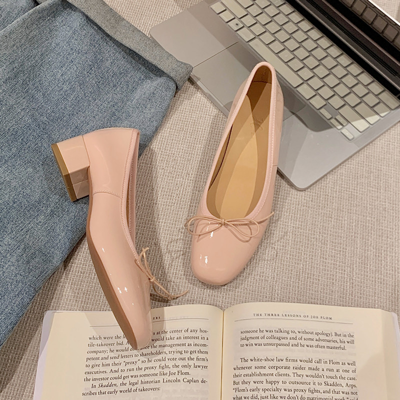 BOW BALLET SHOES LEATHER PATENT LEATHER SOFT SOLE LACE ADJUSTABLE FRENCH SMALL SQUARE ROUND TOE PURE HANDMADE SINGLE SHOE WOMEN