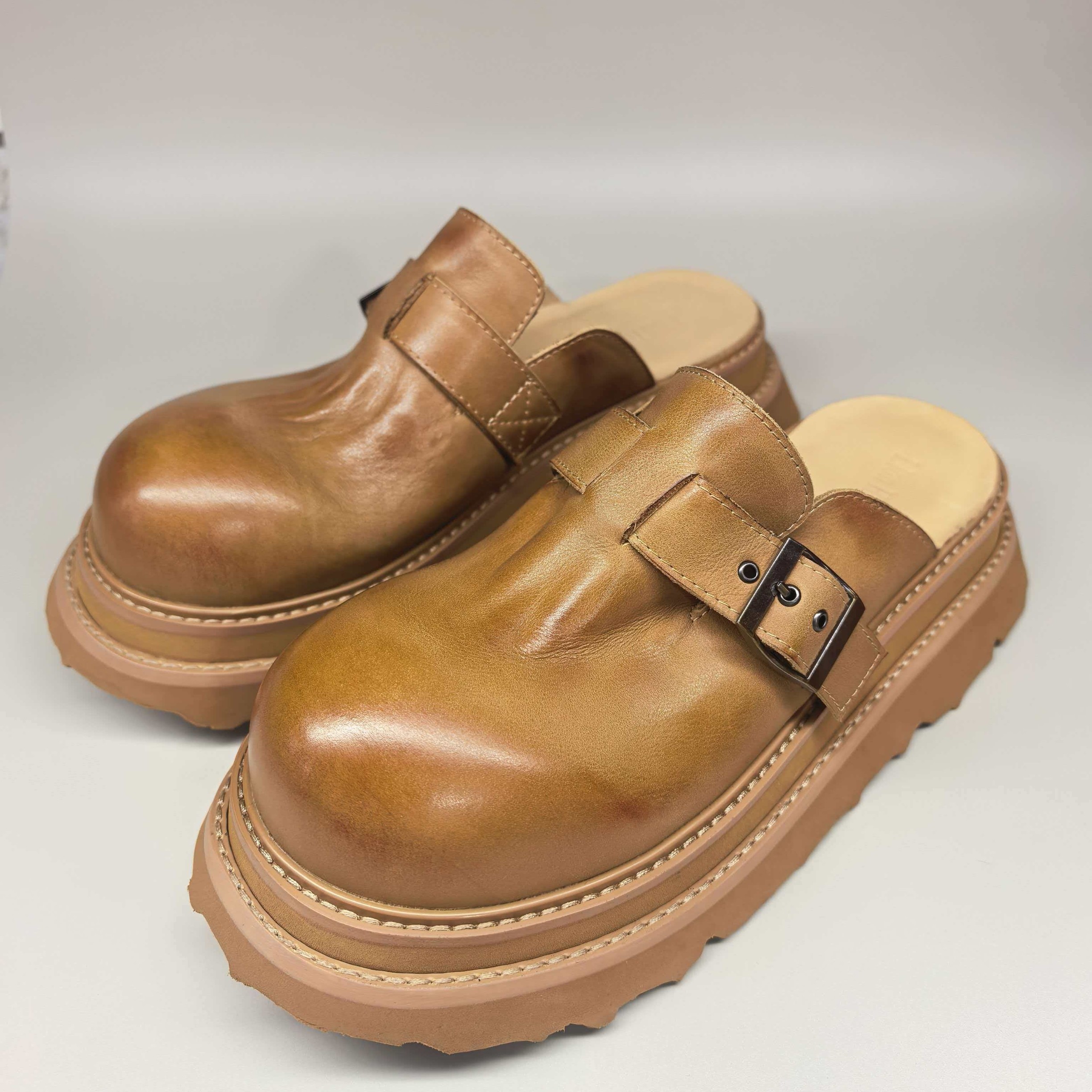  原创英伦风厚底勃肯拖鞋女真皮包头半拖男款增高外穿懒人穆勒鞋