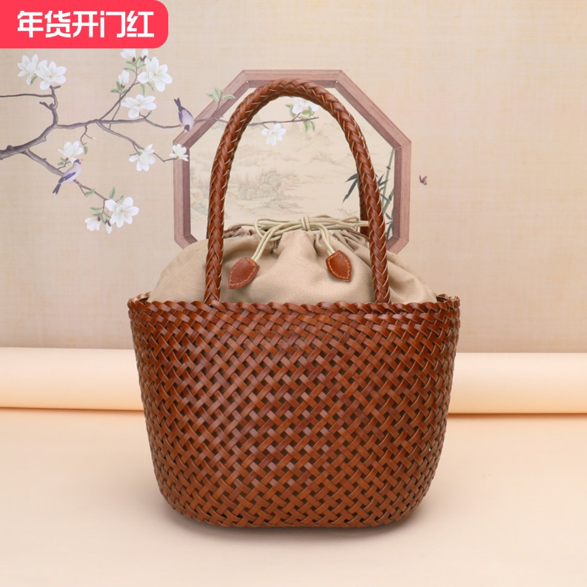 Din 新款仿藤条编织牛皮手提女包复古单肩真皮容量水桶包菜篮子包,箱包皮具/热销女包/男包,通用款女包,淘宝优惠券,粉丝福利购,淘宝优惠卷