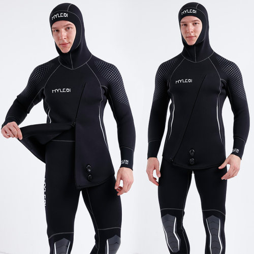 MYLEDI现货保暖5mm潜水服男 分体前开拉链连帽防寒套装潜水冲浪服