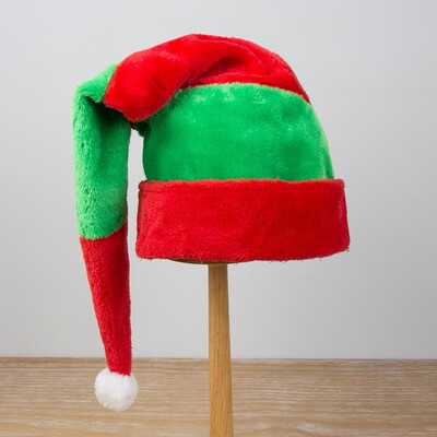 Extended red green striped plush Christmas hat, elf hat, cap