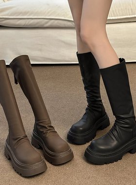 Platform boots women's pleated tall skinny boots高筒紧身靴