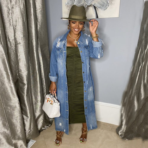 Women's autumn winter denim long windbreaker, ripped jacket