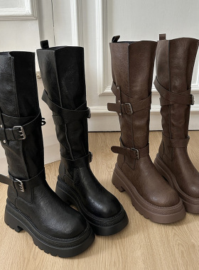 Fashion retro belt buckle motorcycle boots long boots womens