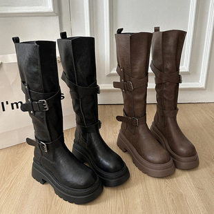 buckle belt motorcycle boots womens Fashion long retro