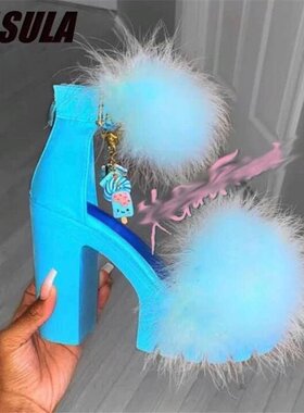 毛毛扣带粗高跟凉鞋欧美外贸大码凉鞋女women high heel sandals