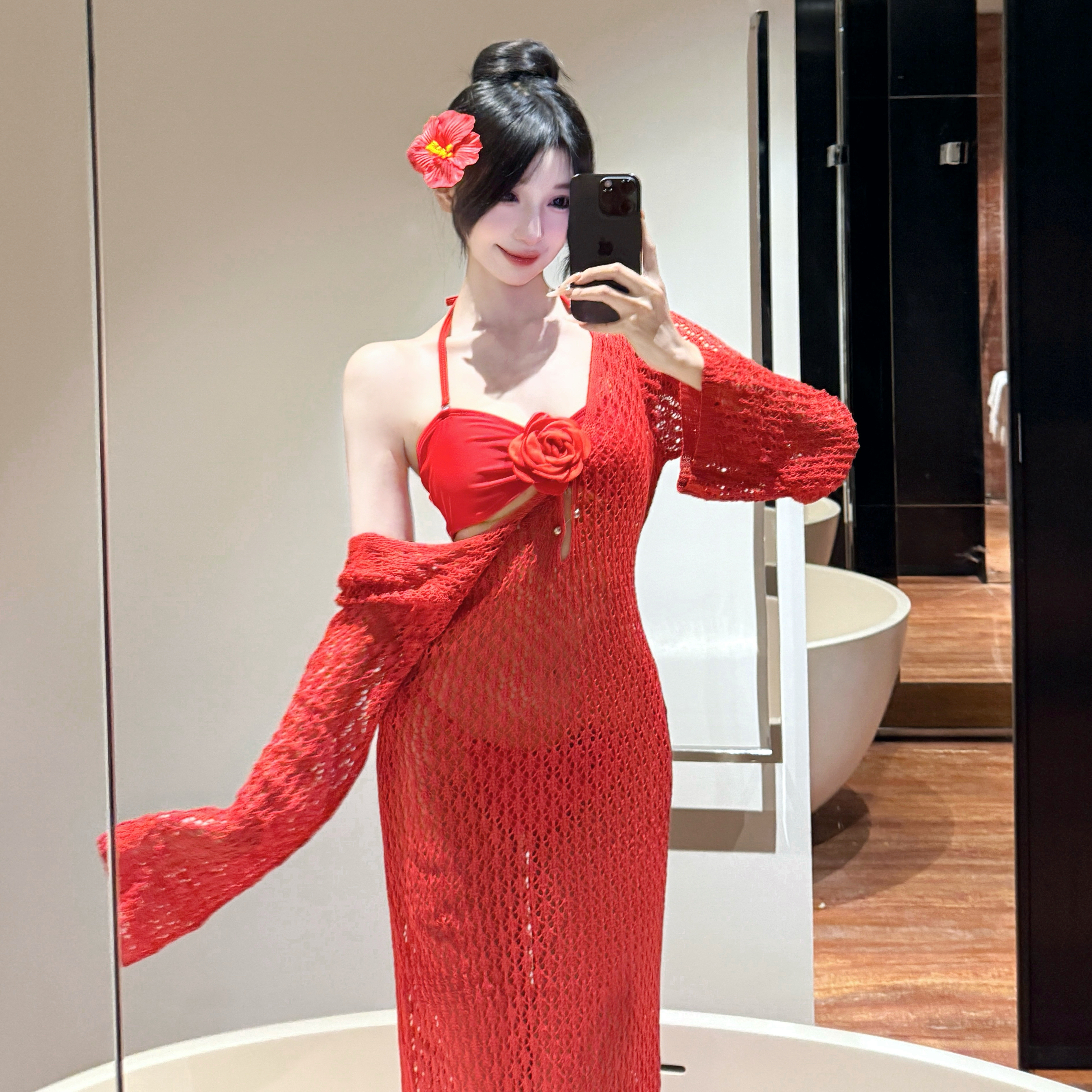 高级感绝美红色分体比基尼长裙