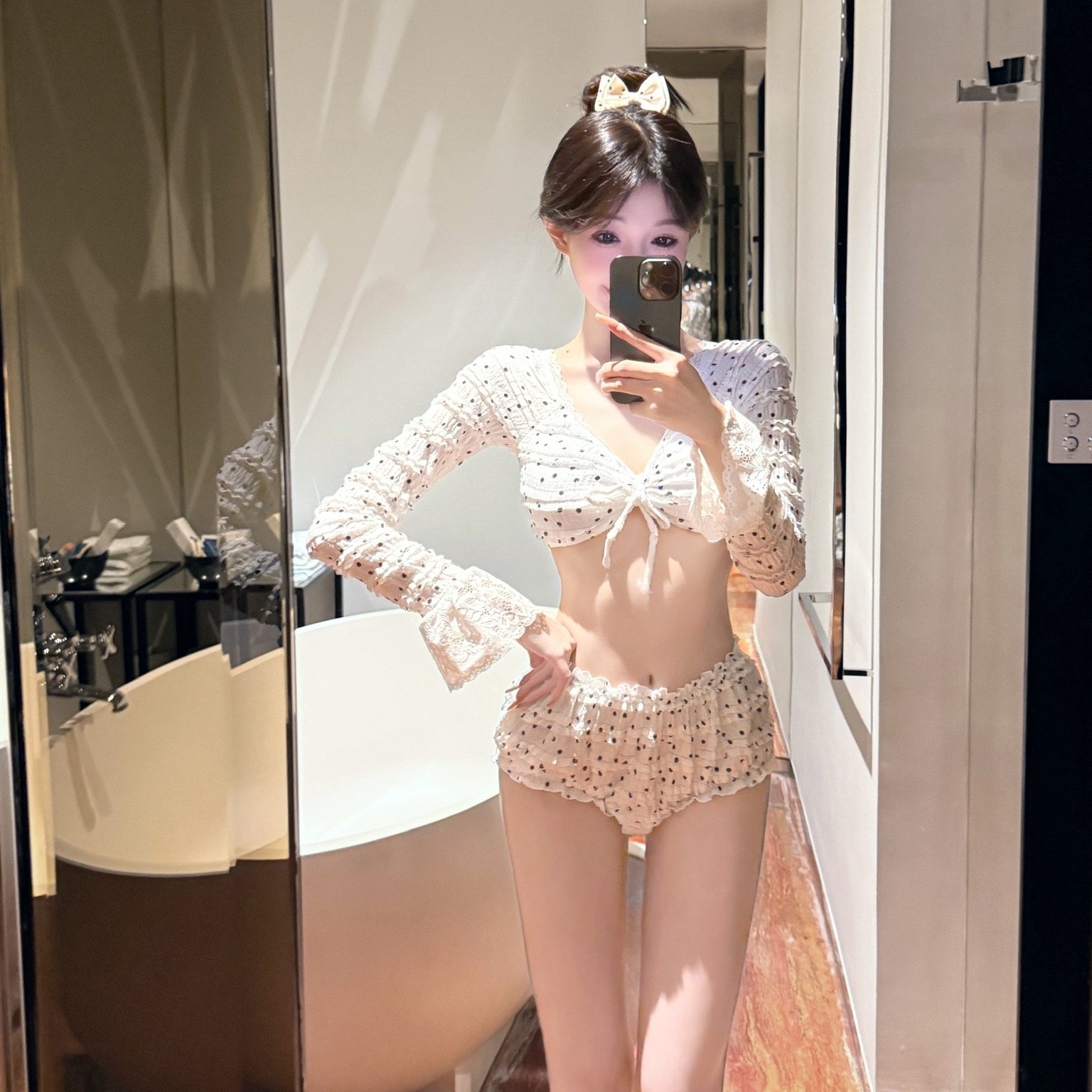 2025夏新款波点长袖比基尼小胸聚拢性感纯欲风海边度假分体泳衣女,运动/瑜伽/健身/球迷用品,比基尼,淘宝优惠券,粉丝福利购,淘宝优惠卷