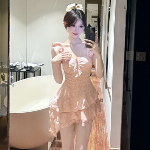 绝美2026新款 仙女范纯欲小胸聚拢甜美少女遮肉微胖遮肉连体泳衣女