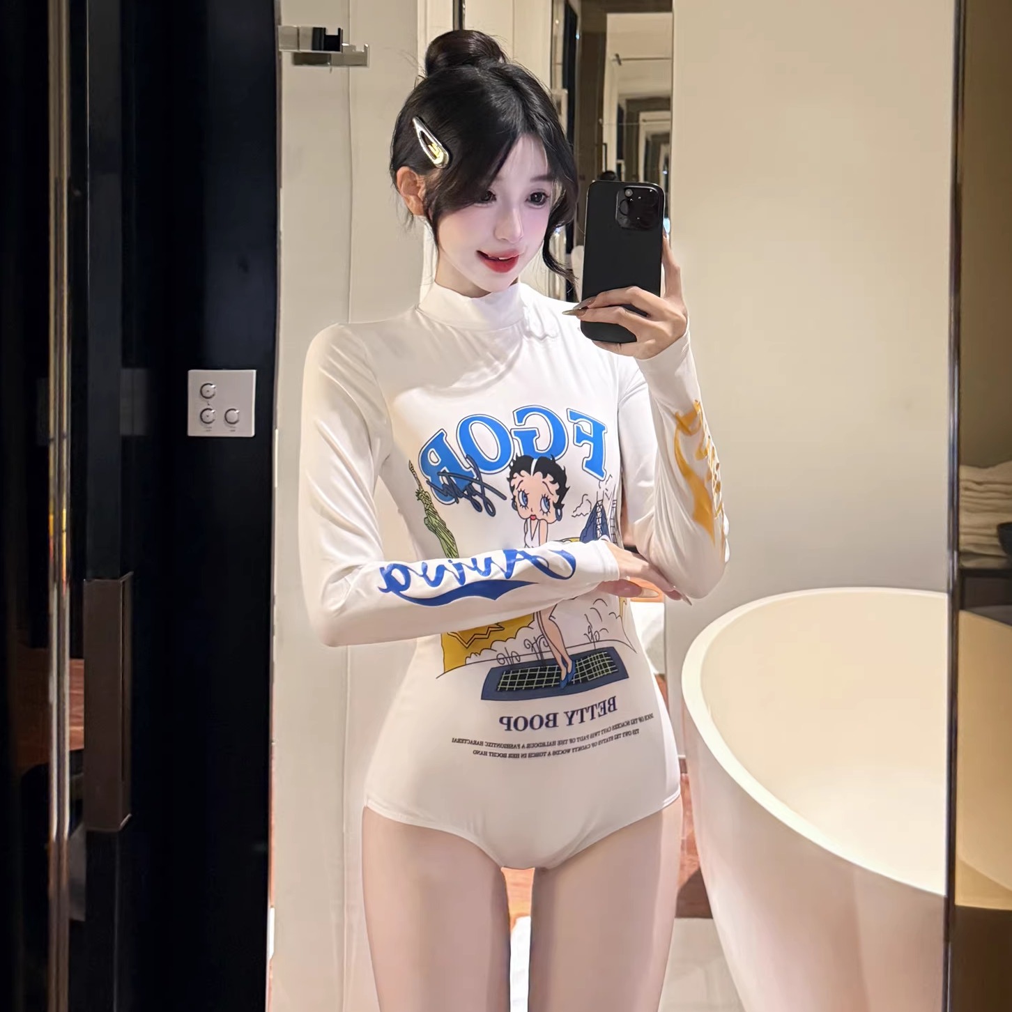 美式卡通印花连体泳衣女长袖高领