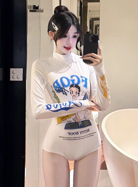 美式卡通印花连体泳衣女长袖高领