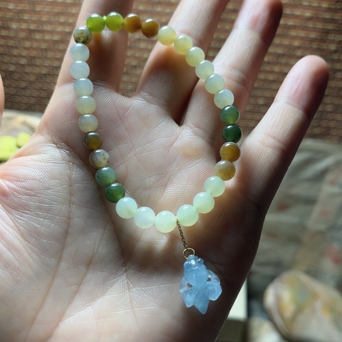 和田玉6mm多宝手串海蓝宝金鱼配饰