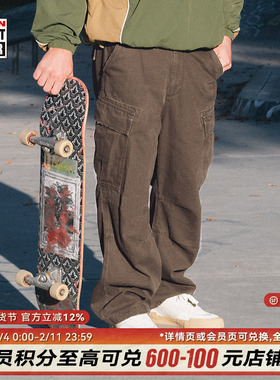 VISION官方 美式复古水洗做旧宽松双袋抽绳重磅工装裤休闲长裤2色