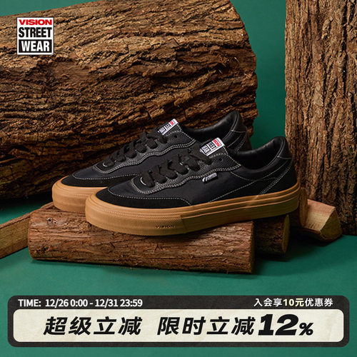 VISION官方  FLAT TOP生胶黑低帮翻毛皮拼接街头运动滑板鞋男女款