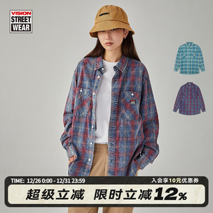 衬衫 VISION官方 长袖 复古街头水洗做旧格纹工装 外套男女 美式