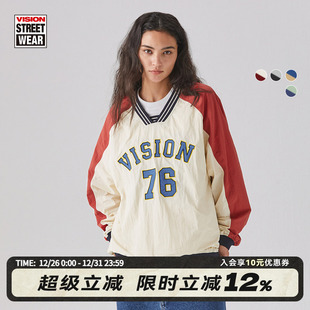 男女4色春款 复古宽松尼龙撞色拼接V领球衣套头衫 美式 VISION官方