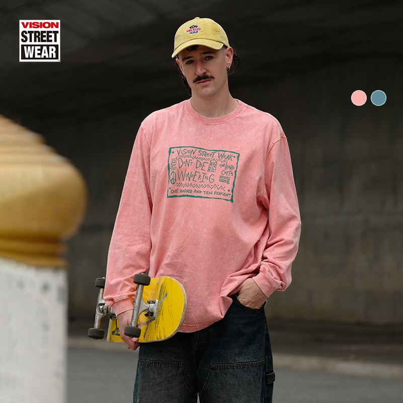 VISION官方 街头复古做旧炒雪花圆领长袖T恤复刻历史图案男女同款
