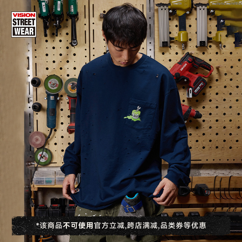 VISION×Hardware联名限定 复古PSYCHO印花破洞口袋圆领长袖T恤