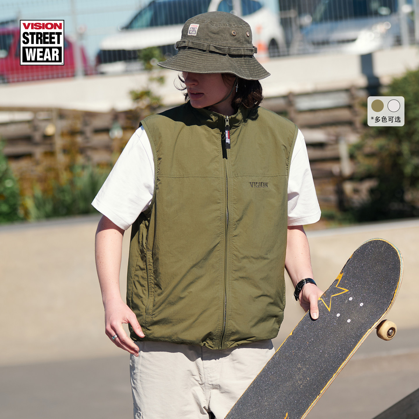 VISION官方 美式街头双面穿迷彩立领拉链马甲背心