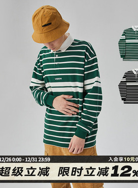 VISION官方  美式复古街头绿色条纹长袖POLO衫男女2色秋款