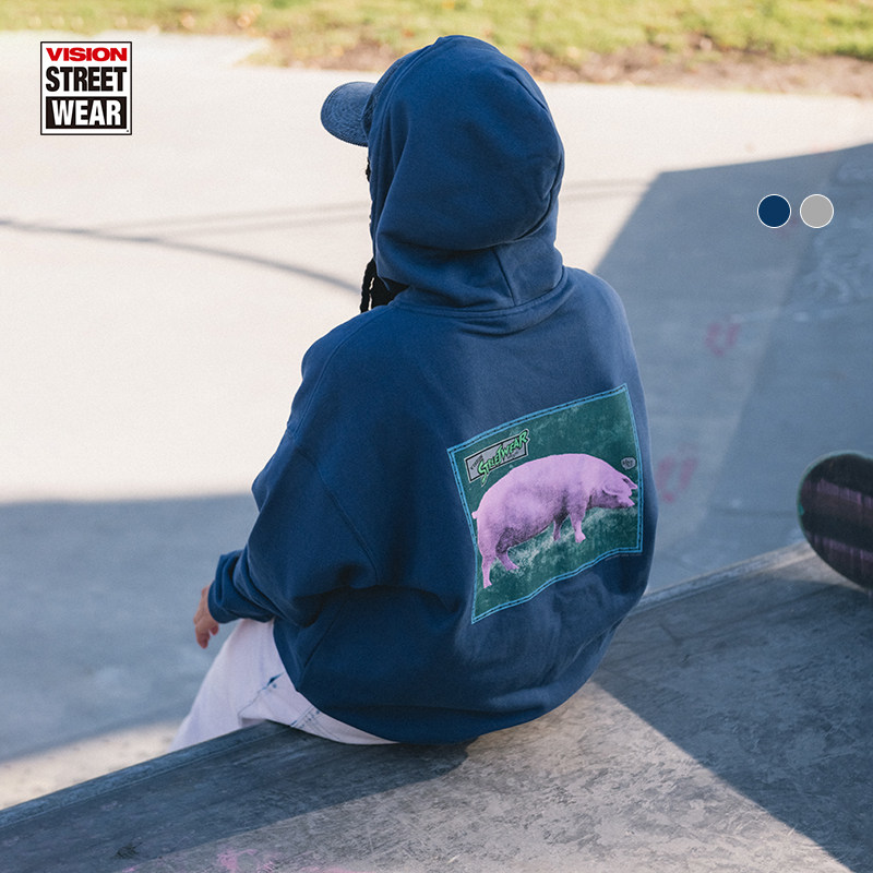 VISION官方 复刻系列“pink pig”美式复古做旧连帽卫衣男女秋款