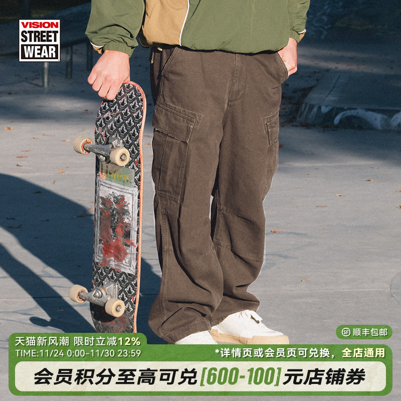 VISION官方 美式复古水洗做旧宽松双袋抽绳重磅工装裤休闲长裤2色