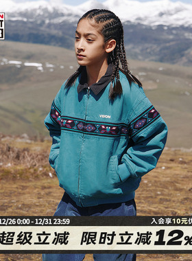 VISION童装 美式复古水洗做旧印花拼接短款棉服男女儿童25冬新款