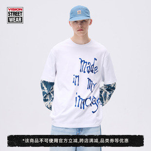 T恤 复古印花涂鸦拼接树叶迷彩假两件长袖 VISION官方 美式