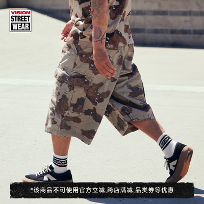 VISION官方 沙漠迷彩系列美式复古洗水沙砾感工装七分裤