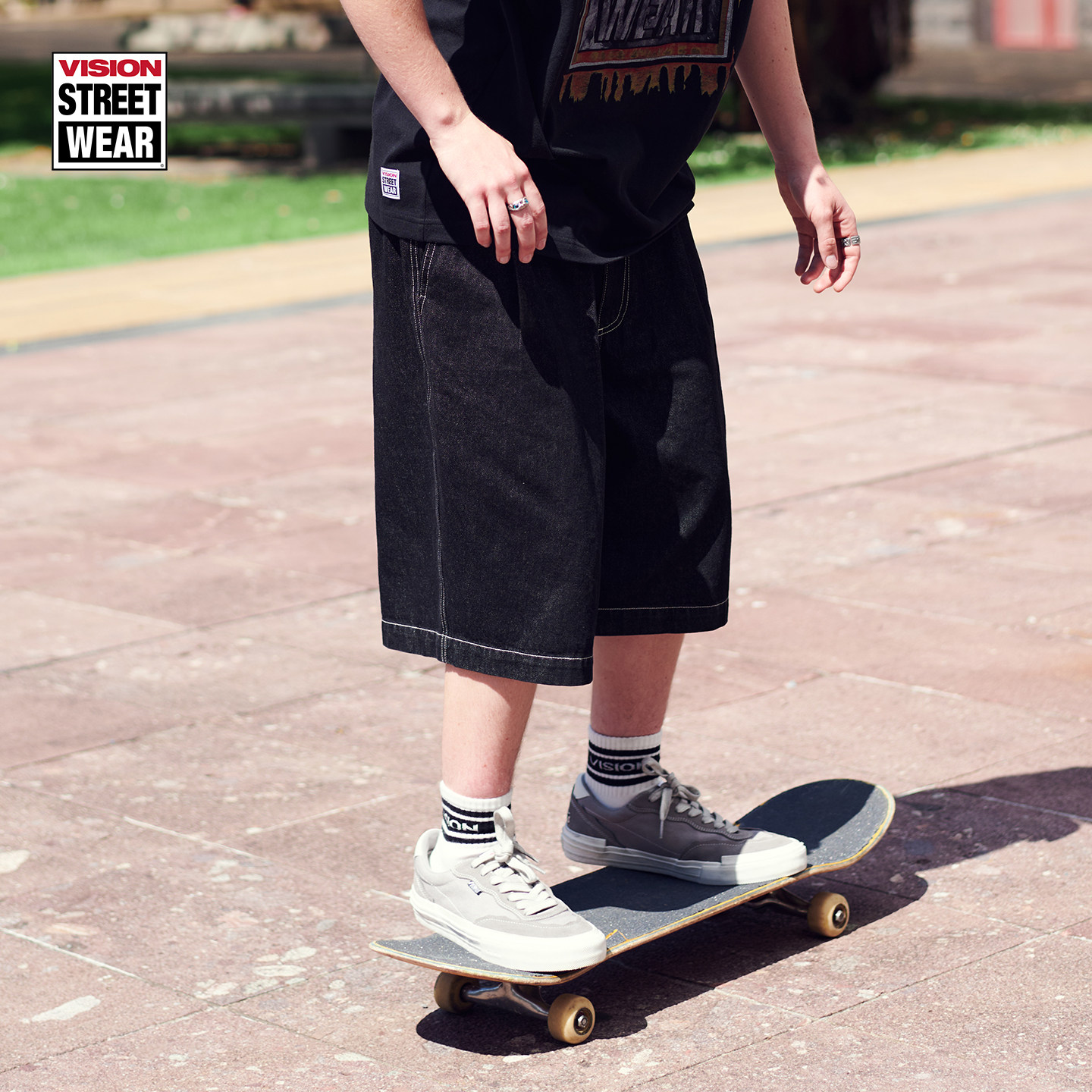 VISION官方 美式街头水洗做旧多口袋宽松牛仔短裤七分裤